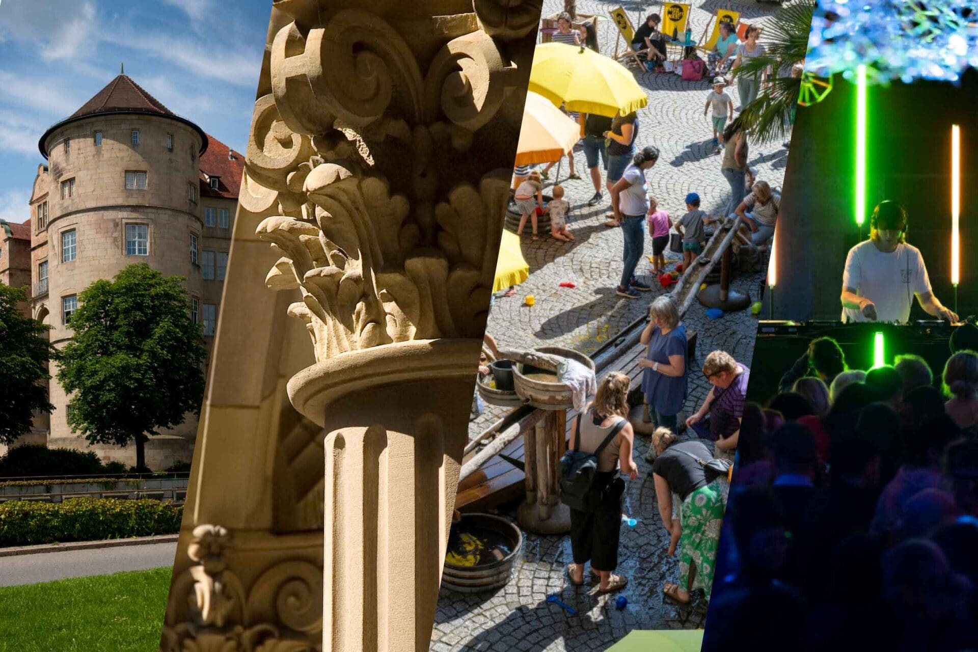 Collage aus vier Bildern, auf denen eine Außenansicht des Alten Schlosses, eine Detailansicht einer Säule im Innenhof des Alten Schlosses, Menschen im Innenhof des Alten Schlosses und ein DJ in der Dürnitz zu sehen sind.
